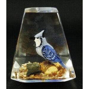 Vintage MCM Blue Jay Bird Clear Lucite Prism Paperweight
